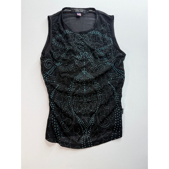 Rampage Tops - Y2K Vintage Rampage Mesh Tank Top Women's Small Black Blue Floral Dot Sleeveless